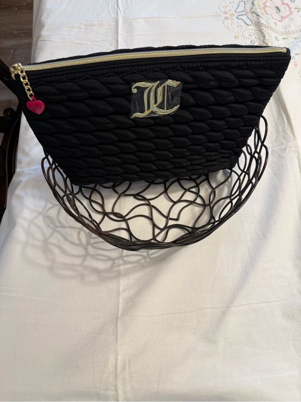 Juicy Couture Black Quilted Wristlet with Gold JL Logo and Pink Heart Charm